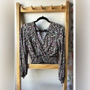 Dynamite Black Floral V-Neck Smocked Crop Top with Pink & White Blooms